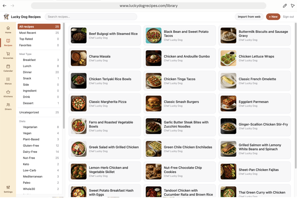 The Lucky Dog Recipes library at luckydogrecipes.com, a grid of recipe cards beside category filters