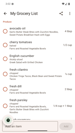 A Lucky Dog Recipes grocery list on Android, with items grouped by aisle and the recipes each came from