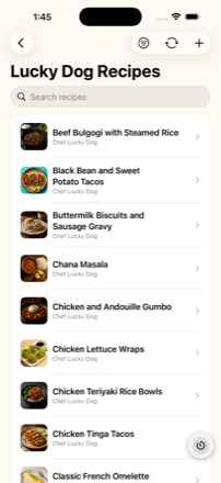 The Lucky Dog Recipes library on iPhone, showing recipe photos with names and authors
